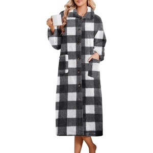 Ekouaer Plush Robes for Women Button Front Long Bathrobe(Plaid White)