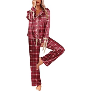 Ekouaer Women Classic Button Down Long Satin Pajamas Set Cute Bow Sleepwear(Bow Checkered)
