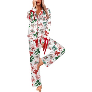 Ekouaer Women Classic Button Down Long Satin Pajamas Set Cute Bow Sleepwear(Christmas Bows)