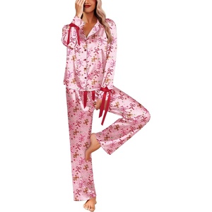 Ekouaer Women Classic Button Down Long Satin Pajamas Set Cute Bow Sleepwear(Christmas Ginger)
