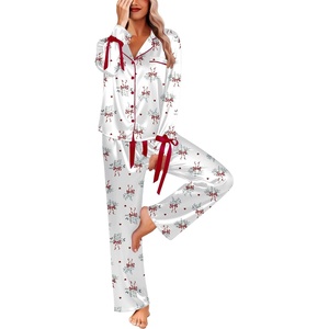 Ekouaer Women Classic Button Down Long Satin Pajamas Set Cute Bow Sleepwear(Christmas Leaf)