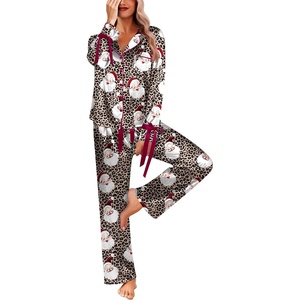 Ekouaer Women Classic Button Down Long Satin Pajamas Set Cute Bow Sleepwear(Leopard Santa Claus)