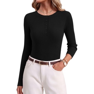 Ekouaer Women Long Sleeve Henley Tops Rib Knit Shirts Lightweigh Sweaters(Black)