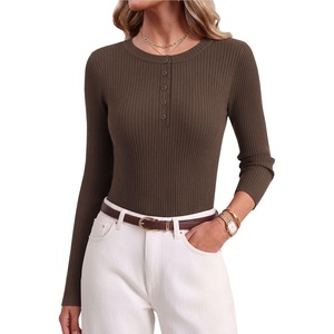 Ekouaer Women Long Sleeve Henley Tops Rib Knit Shirts Lightweigh Sweaters(Brown)