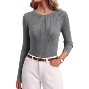 Ekouaer Women Long Sleeve Henley Tops Rib Knit Shirts Lightweigh Sweaters(Grey)