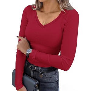 Ekouaer Womens Long Sleeve Shirts V Neck Ribbed Thermal Undershirts(Dark Red)