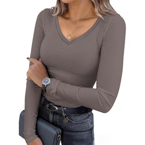 Ekouaer Womens Long Sleeve Shirts V Neck Ribbed Thermal Undershirts(Tea Grey)