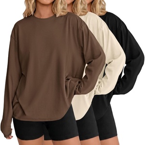 Ekouaer Womens Oversized Long Sleeve Cotton Shirts Crew Neck Fall Tops(3pcs Black/ Beige/ Brown)
