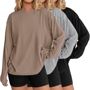 Ekouaer Womens Oversized Long Sleeve Cotton Shirts Crew Neck Fall Tops(3pcs Black/ Light Grey/ Khaki)