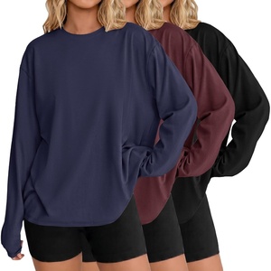 Ekouaer Womens Oversized Long Sleeve Cotton Shirts Crew Neck Fall Tops(3pcs Black/ Navy Blue/ Wine Red)