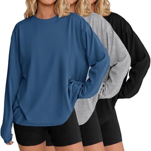 Ekouaer Womens Oversized Long Sleeve Cotton Shirts Crew Neck Fall Tops(3pcs Blue/ Light Grey/ Black)
