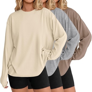 Ekouaer Womens Oversized Long Sleeve Cotton Shirts Crew Neck Fall Tops(3pcs Khaki/ Light Grey/ Beige)