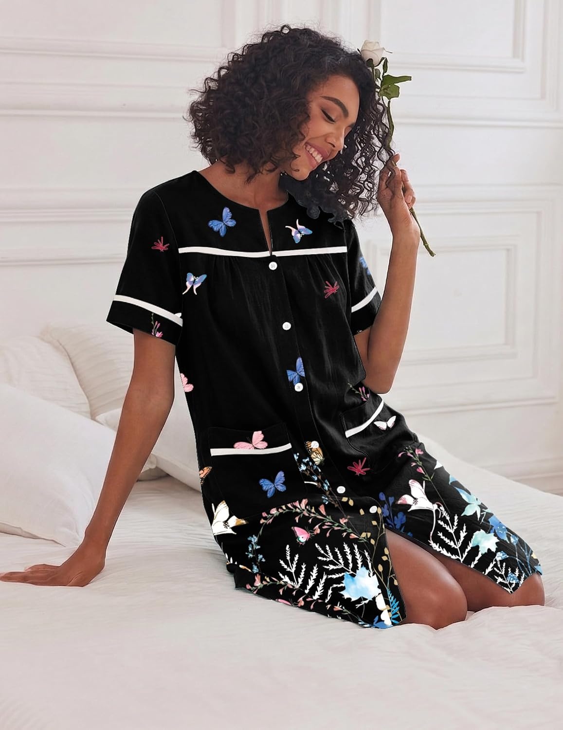 image:imageEkouaer House Dress for Women with Pockets Duster Button Down NightgownBlack Butterfly