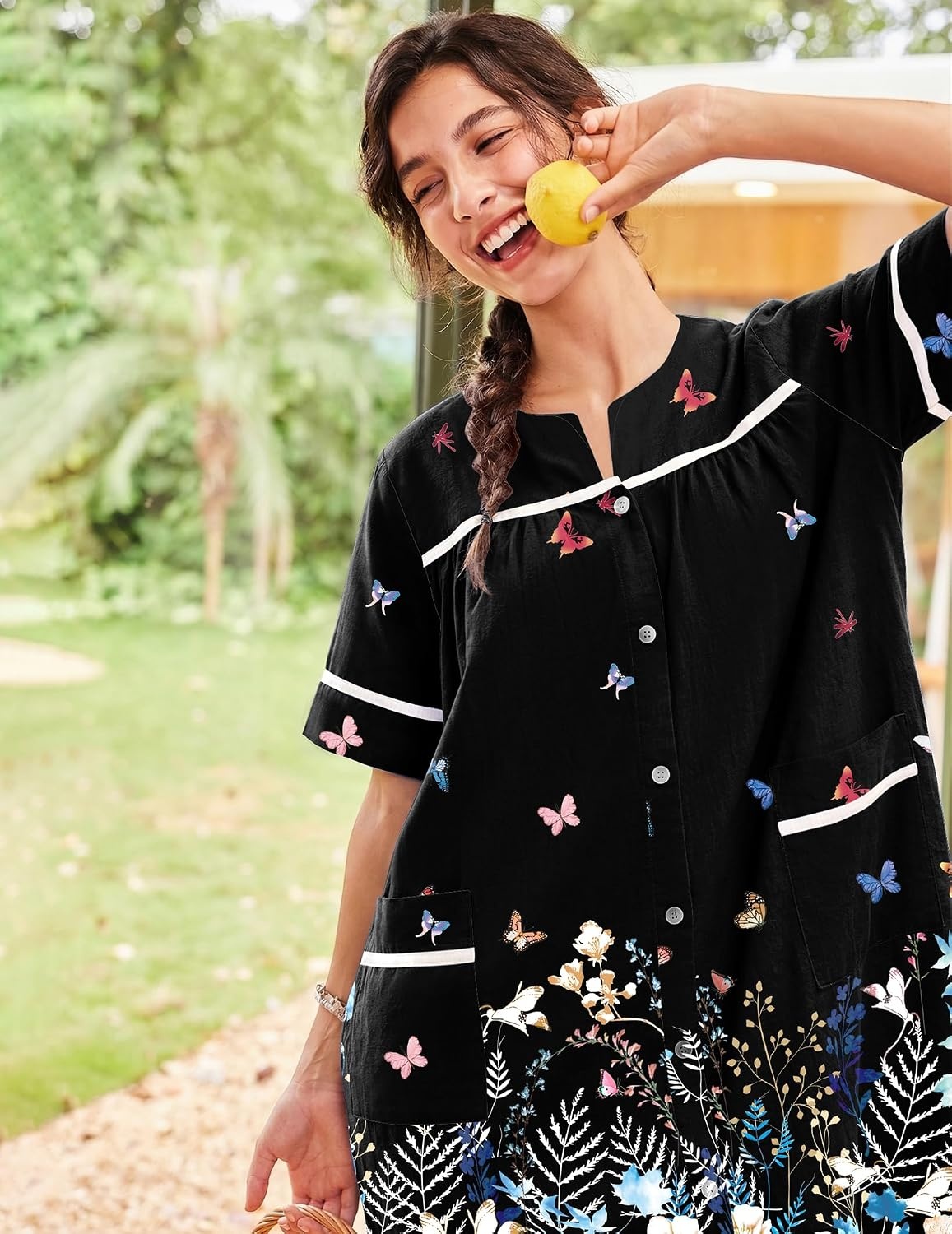 image:imageEkouaer House Dress for Women with Pockets Duster Button Down NightgownBlack Butterfly
