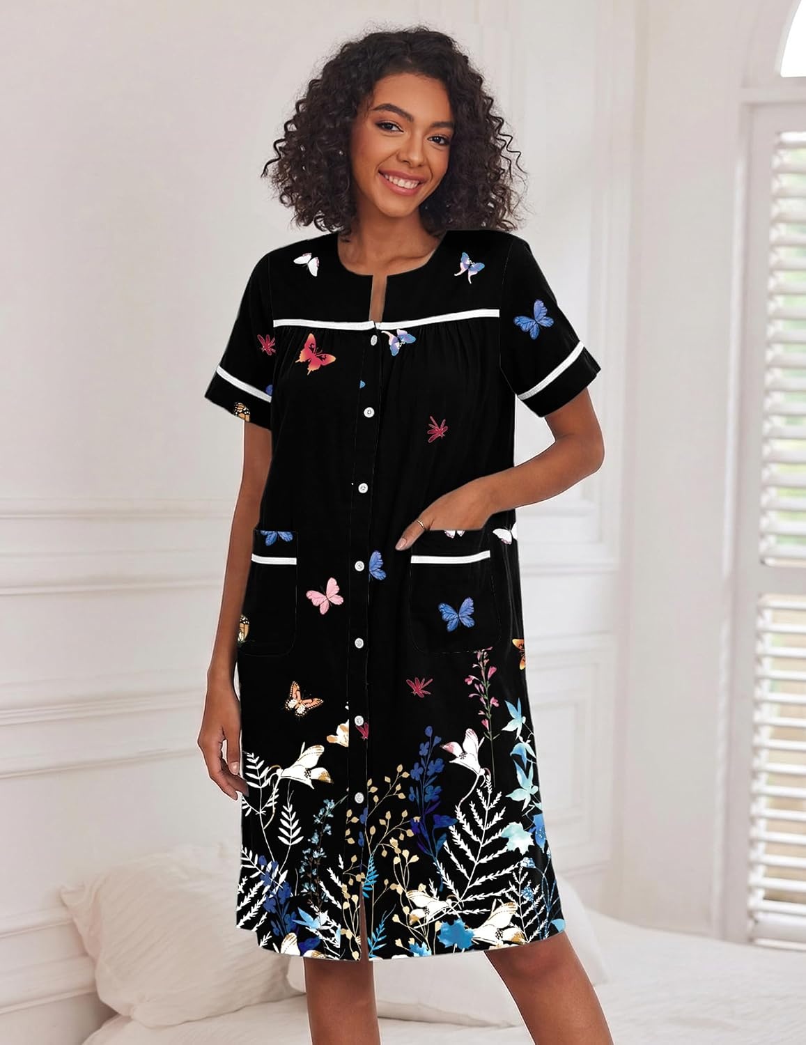 image:imageEkouaer House Dress for Women with Pockets Duster Button Down NightgownBlack Butterfly