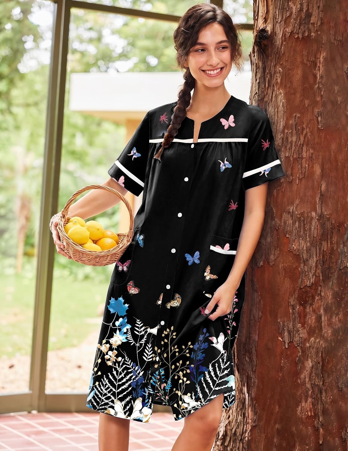 image:imageEkouaer House Dress for Women with Pockets Duster Button Down NightgownBlack Butterfly