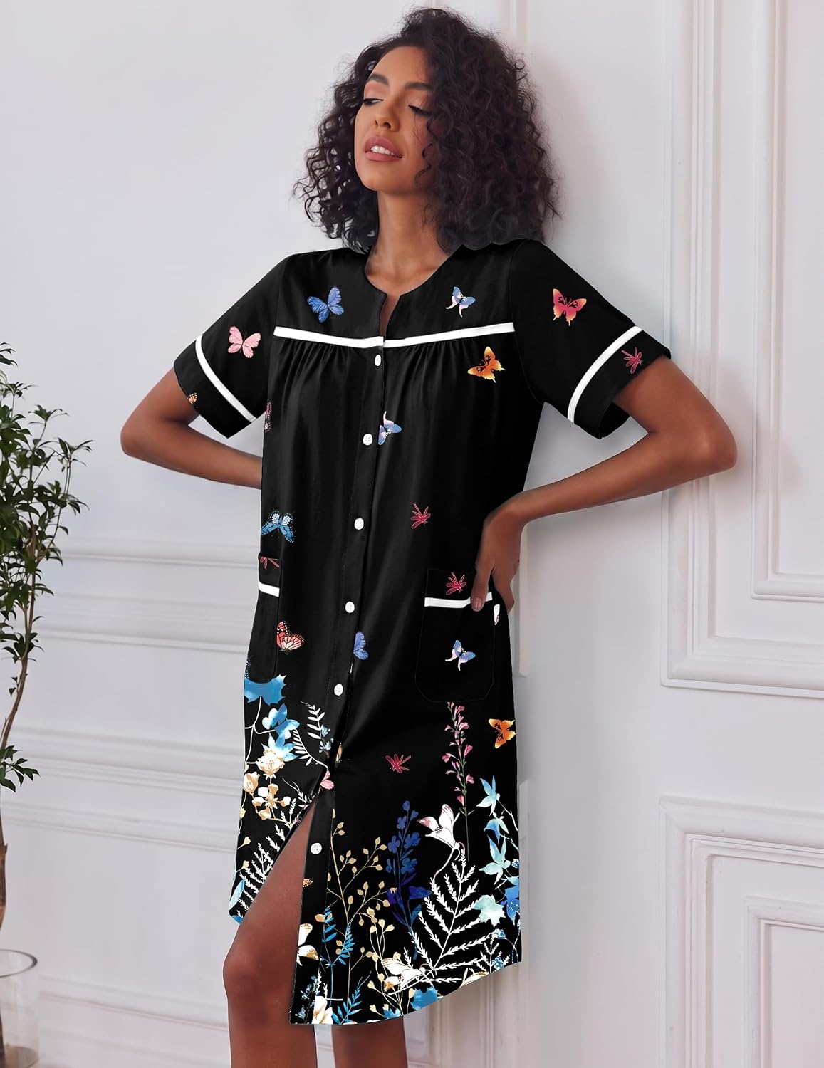 image:imageEkouaer House Dress for Women with Pockets Duster Button Down NightgownBlack Butterfly