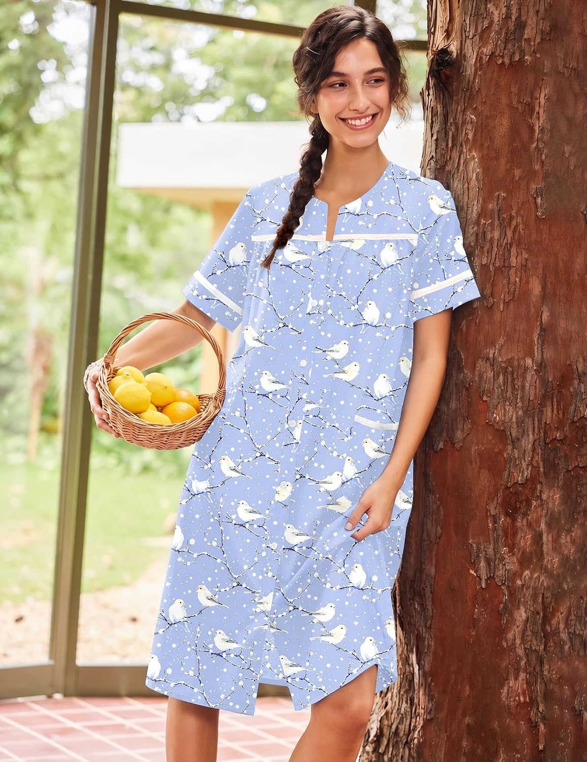image:imageEkouaer House Dress for Women with Pockets Duster Button Down NightgownBlue Pigeon