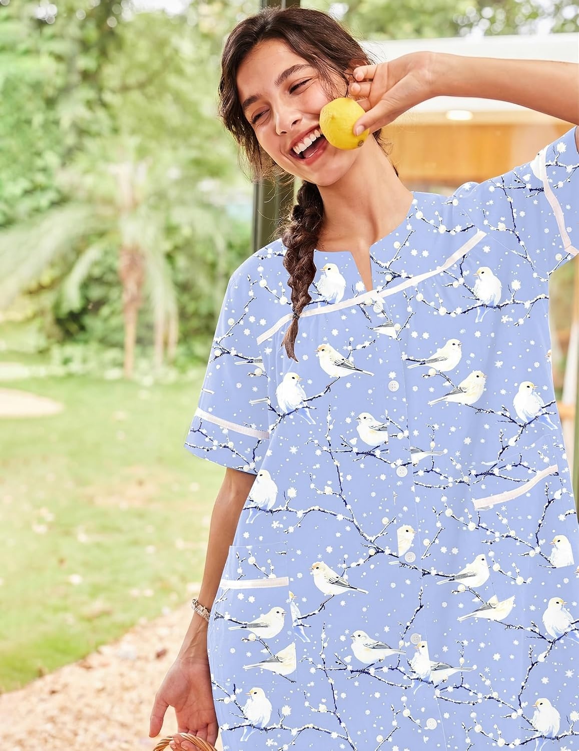 image:imageEkouaer House Dress for Women with Pockets Duster Button Down NightgownBlue Pigeon