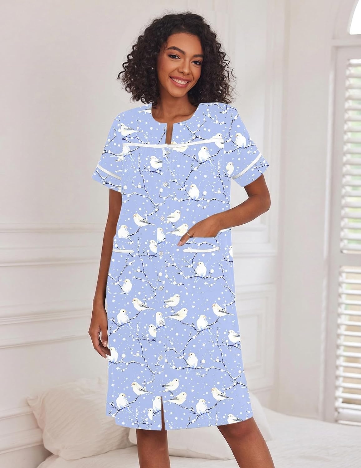 image:imageEkouaer House Dress for Women with Pockets Duster Button Down NightgownBlue Pigeon