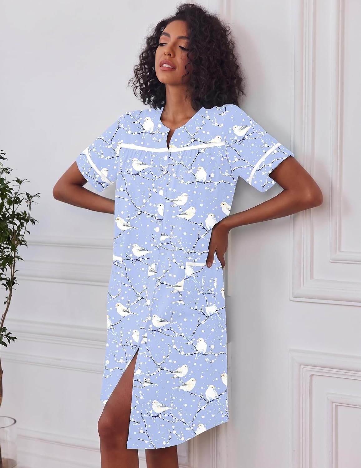 image:imageEkouaer House Dress for Women with Pockets Duster Button Down NightgownBlue Pigeon