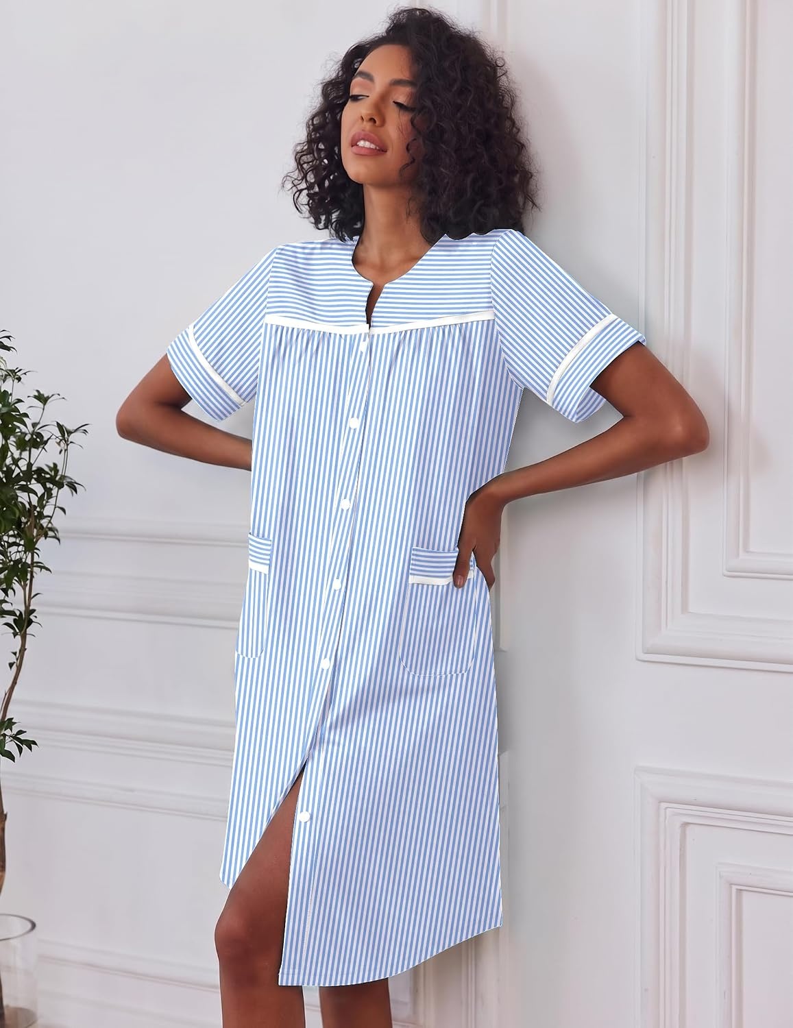 image:imageEkouaer House Dress for Women with Pockets Duster Button Down NightgownBlue Stripes