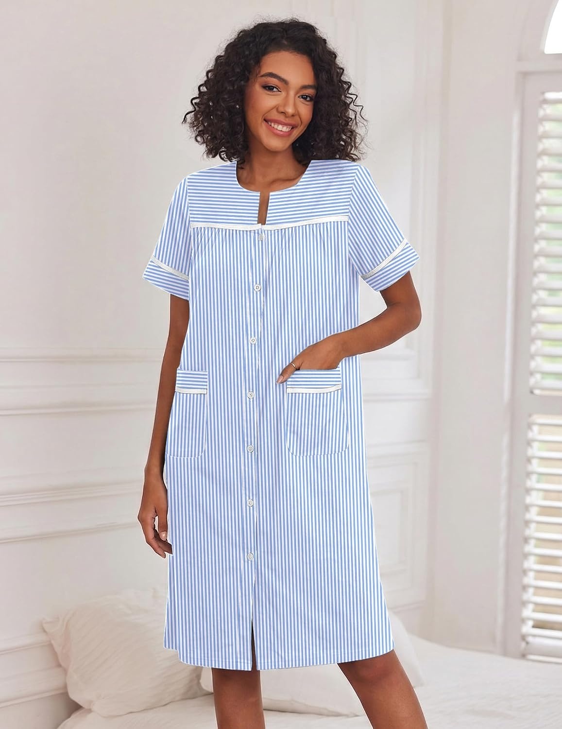 image:imageEkouaer House Dress for Women with Pockets Duster Button Down NightgownBlue Stripes