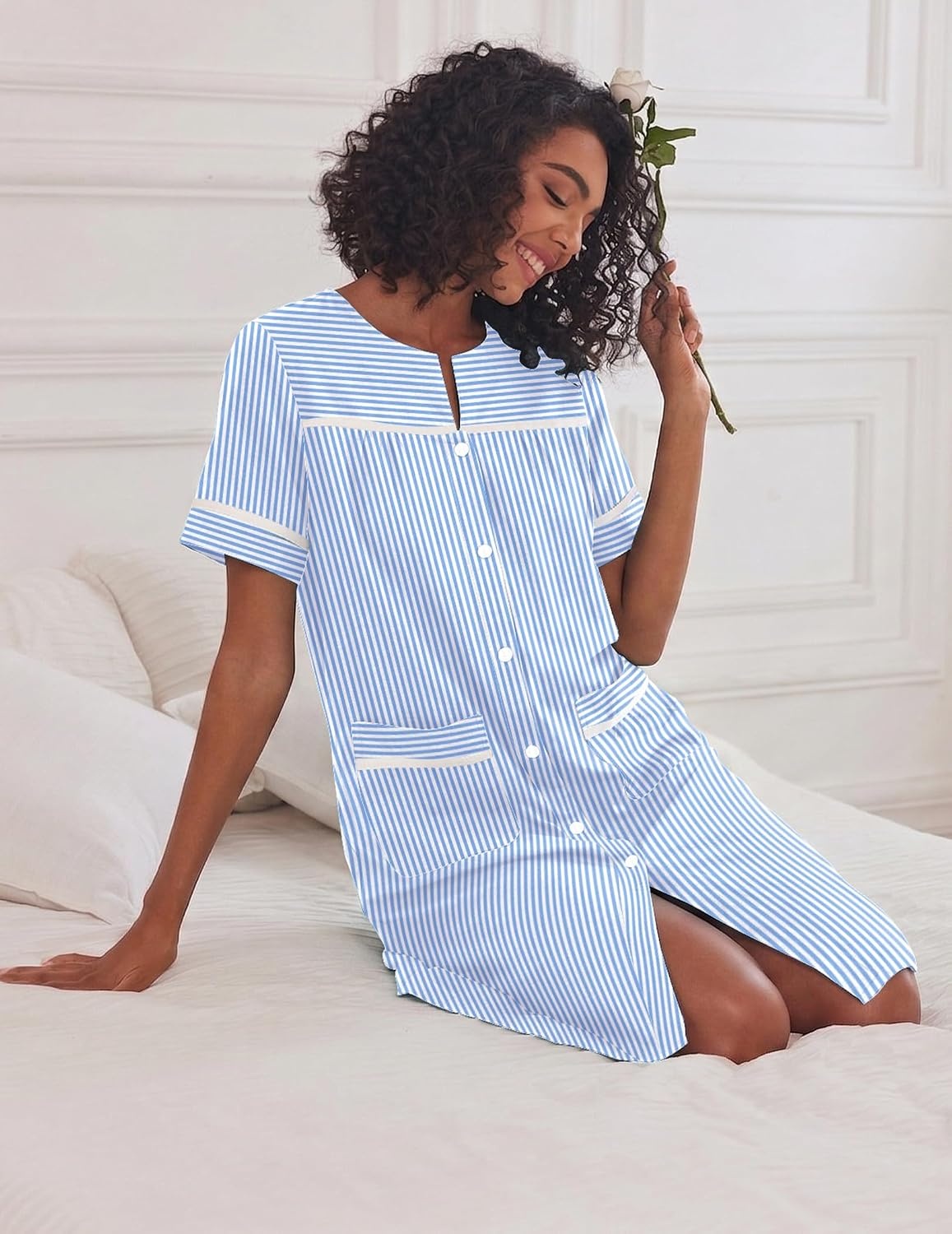 image:imageEkouaer House Dress for Women with Pockets Duster Button Down NightgownBlue Stripes