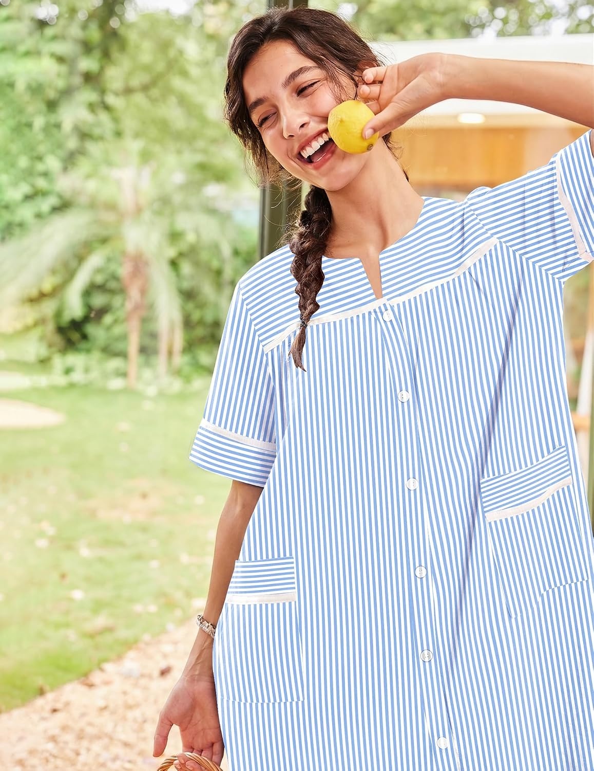 image:imageEkouaer House Dress for Women with Pockets Duster Button Down NightgownBlue Stripes
