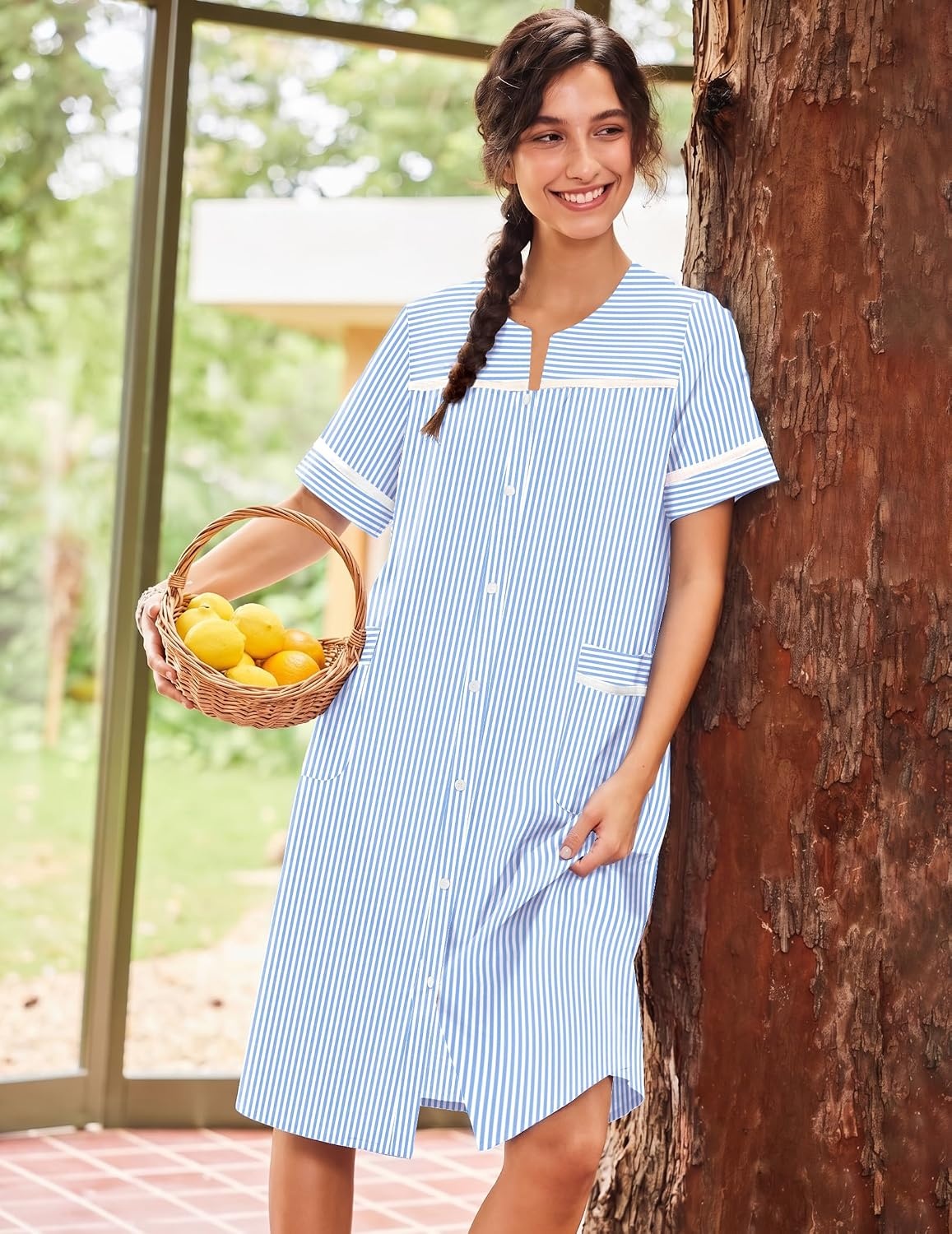 image:imageEkouaer House Dress for Women with Pockets Duster Button Down NightgownBlue Stripes