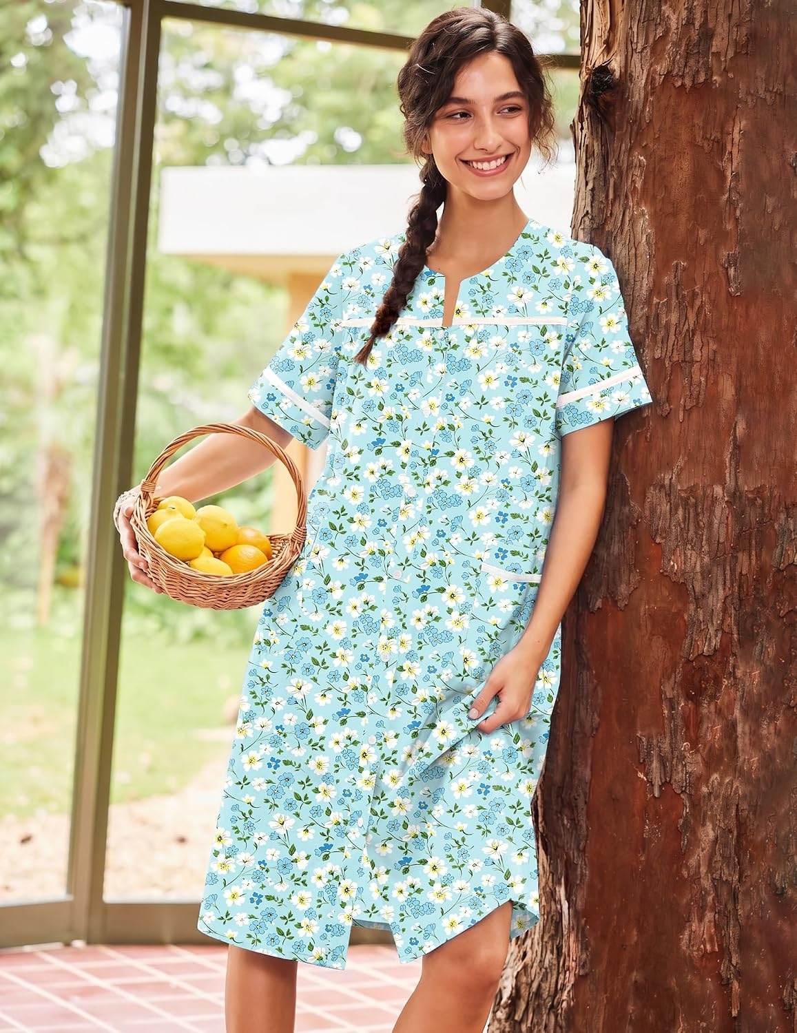 image:imageEkouaer House Dress for Women with Pockets Duster Button Down NightgownGreen Floral