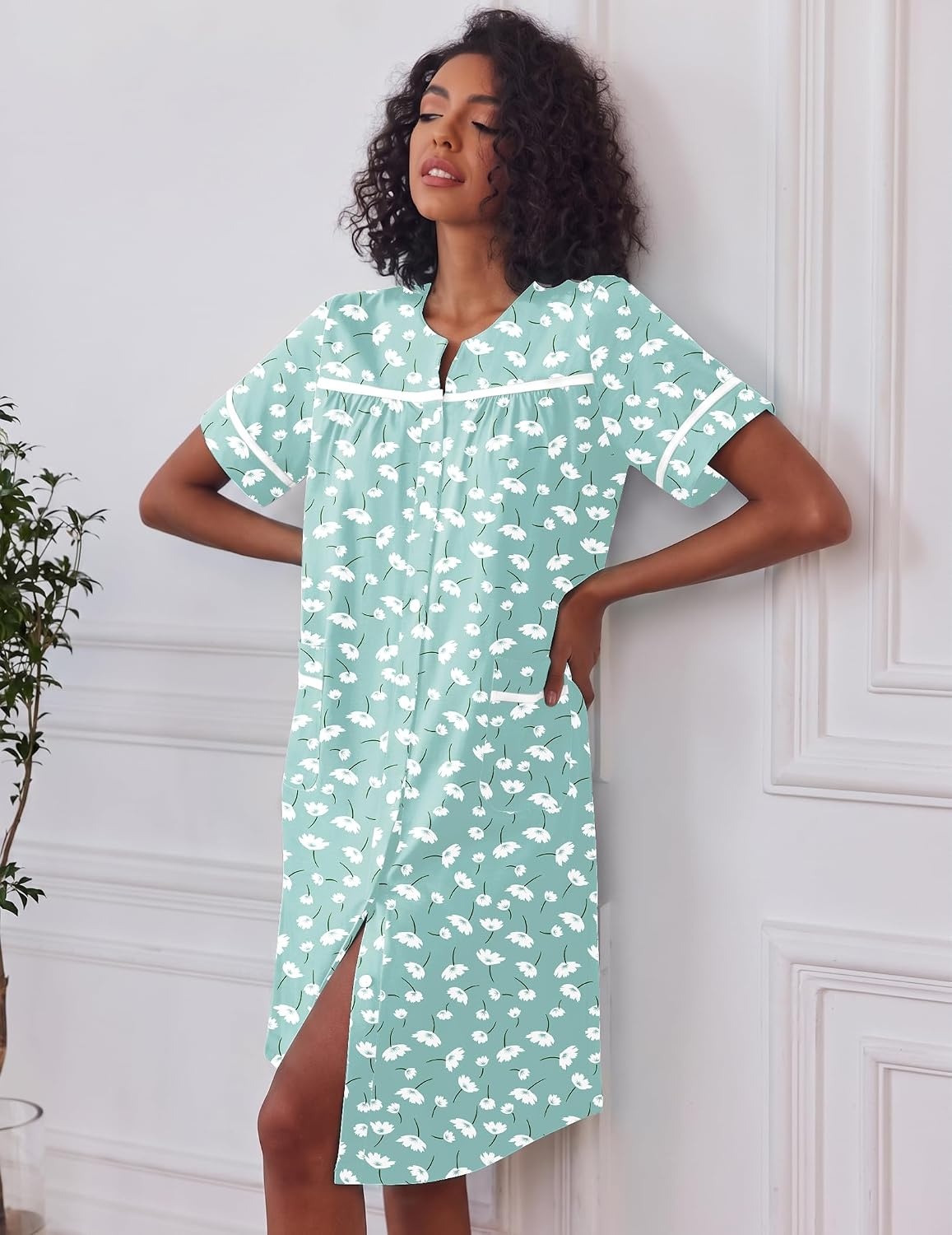 image:imageEkouaer House Dress for Women with Pockets Duster Button Down NightgownGreen Flower