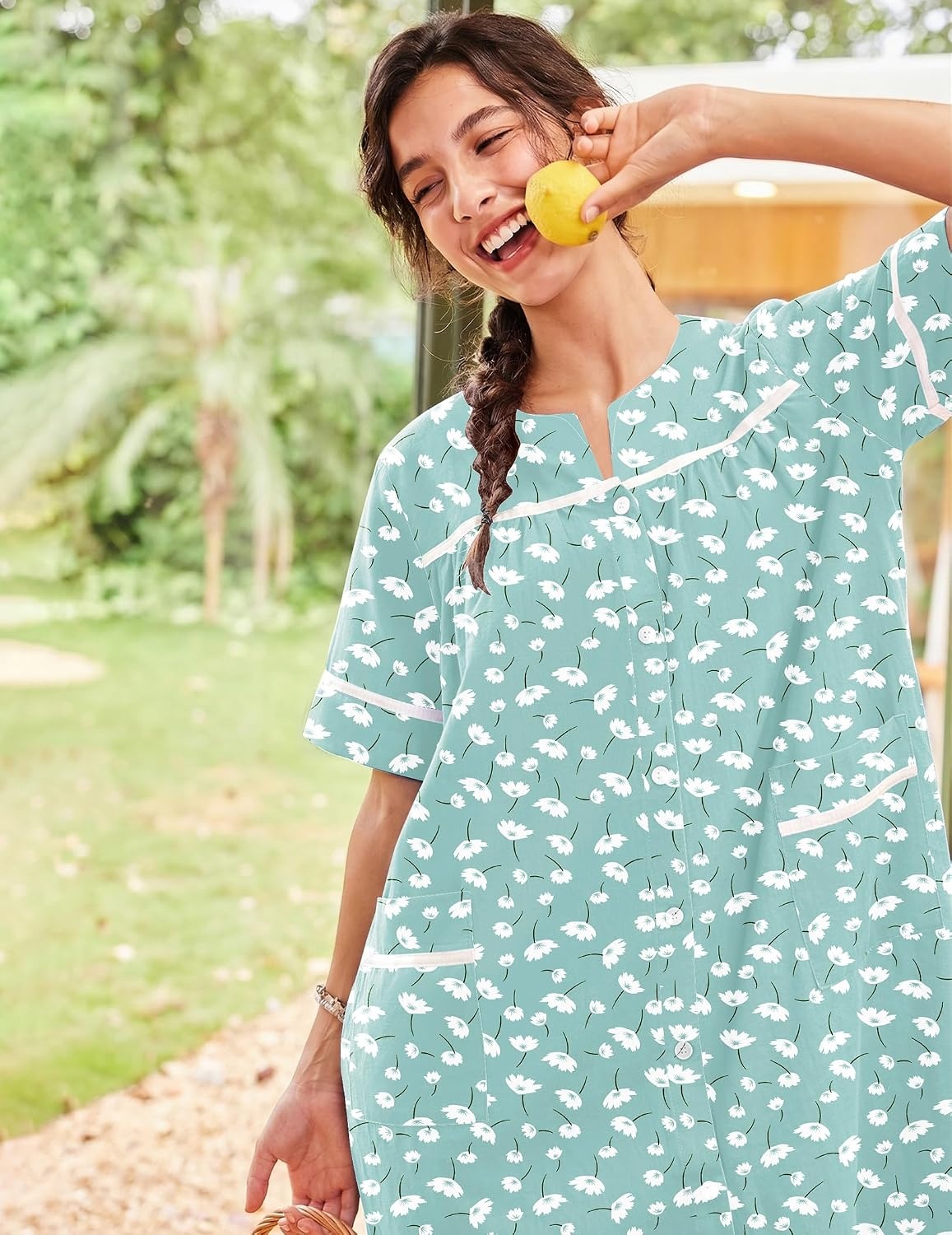 image:imageEkouaer House Dress for Women with Pockets Duster Button Down NightgownGreen Flower