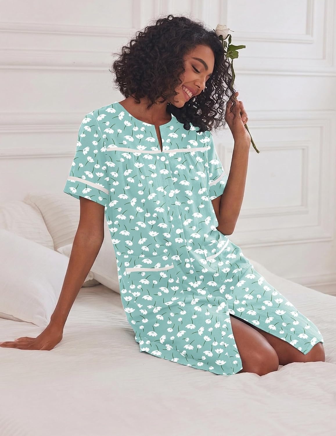 image:imageEkouaer House Dress for Women with Pockets Duster Button Down NightgownGreen Flower