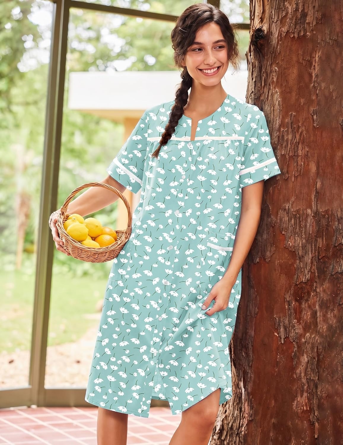 image:imageEkouaer House Dress for Women with Pockets Duster Button Down NightgownGreen Flower