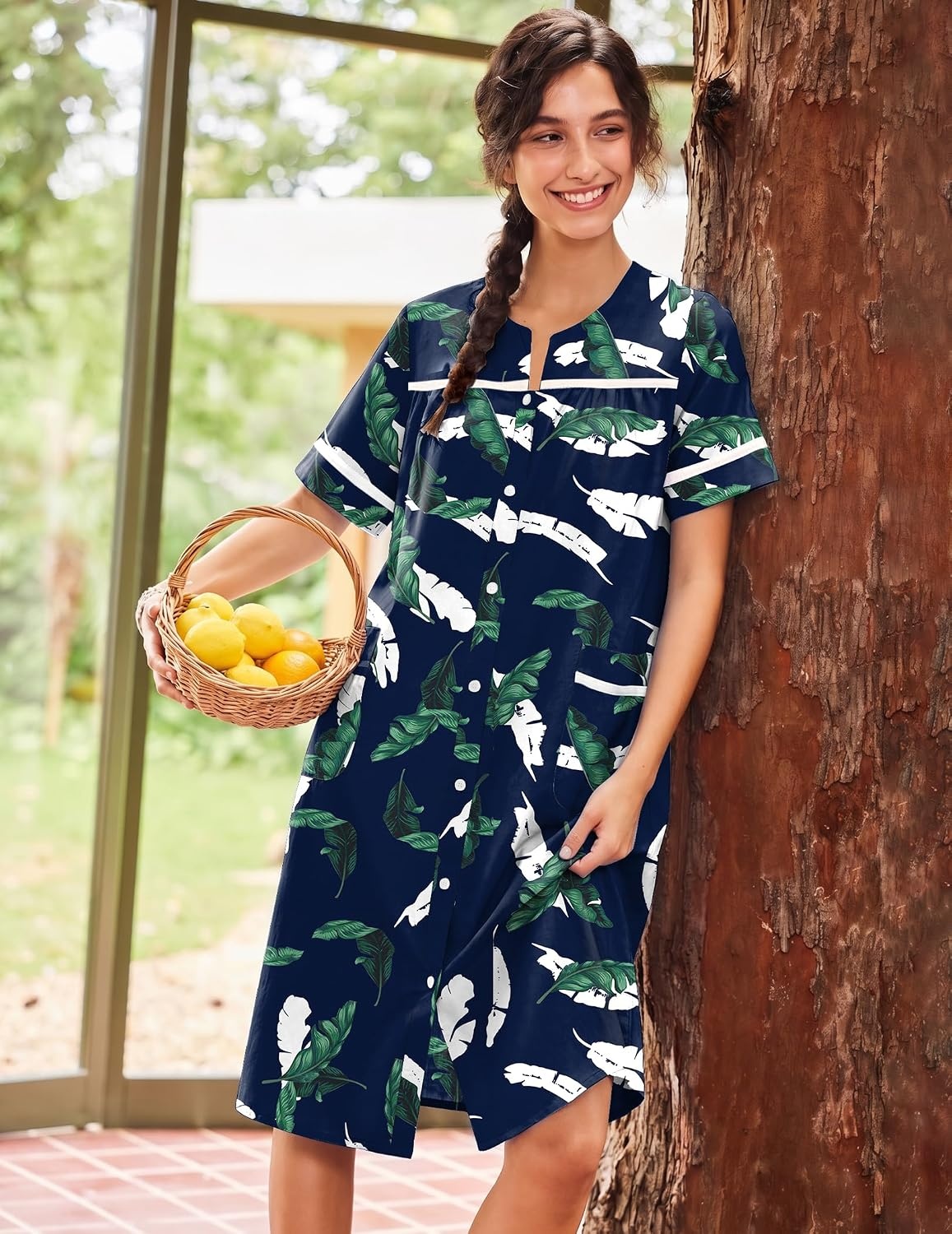 image:imageEkouaer House Dress for Women with Pockets Duster Button Down NightgownHawaiian Leaves