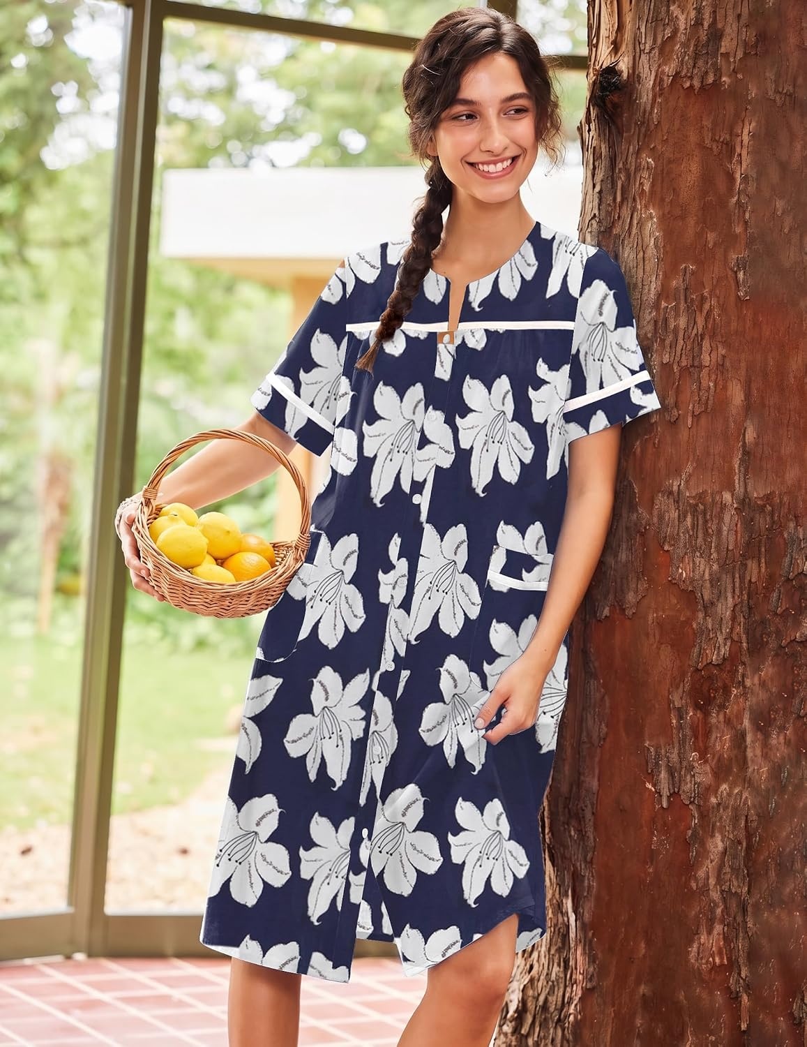image:imageEkouaer House Dress for Women with Pockets Duster Button Down NightgownNavy Flower