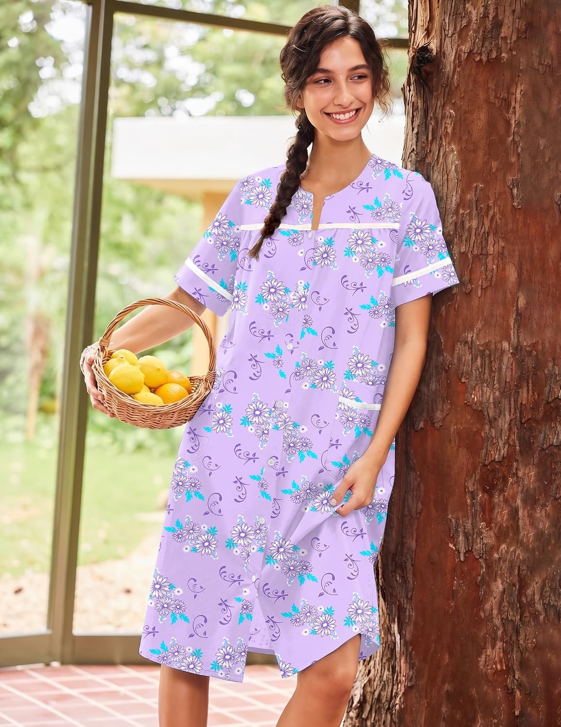 image:imageEkouaer House Dress for Women with Pockets Duster Button Down NightgownPurple Daisy