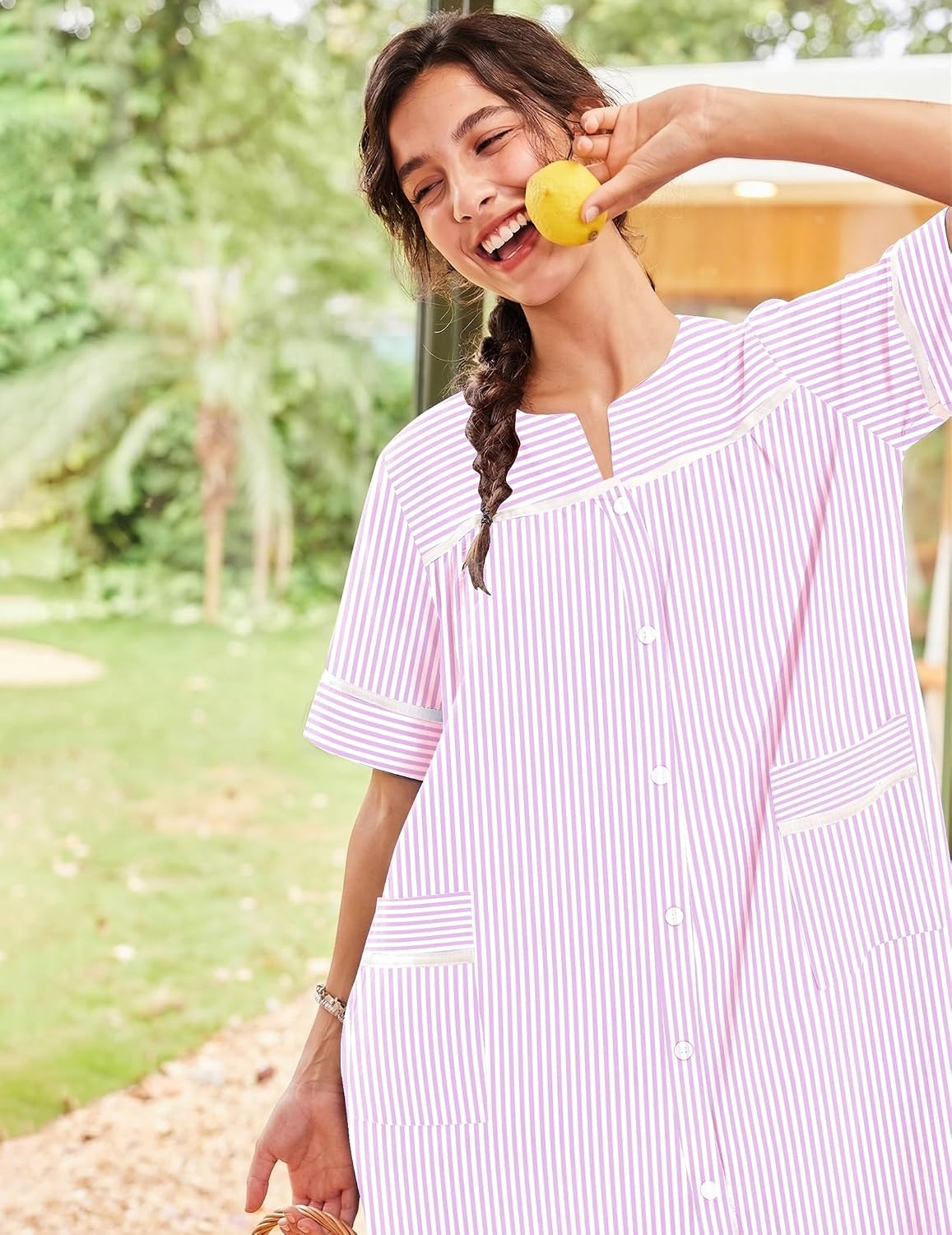 image:imageEkouaer House Dress for Women with Pockets Duster Button Down NightgownStriped Pink