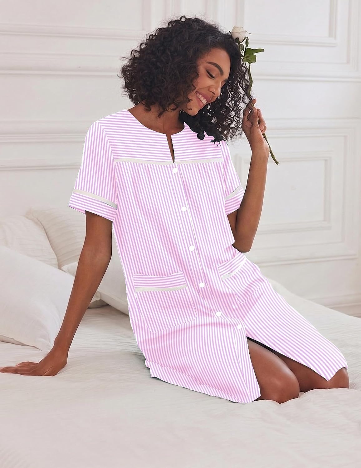 image:imageEkouaer House Dress for Women with Pockets Duster Button Down NightgownStriped Pink