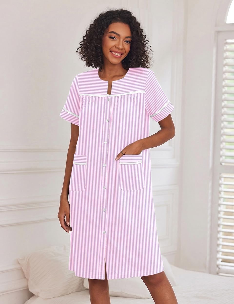image:imageEkouaer House Dress for Women with Pockets Duster Button Down NightgownStriped Pink