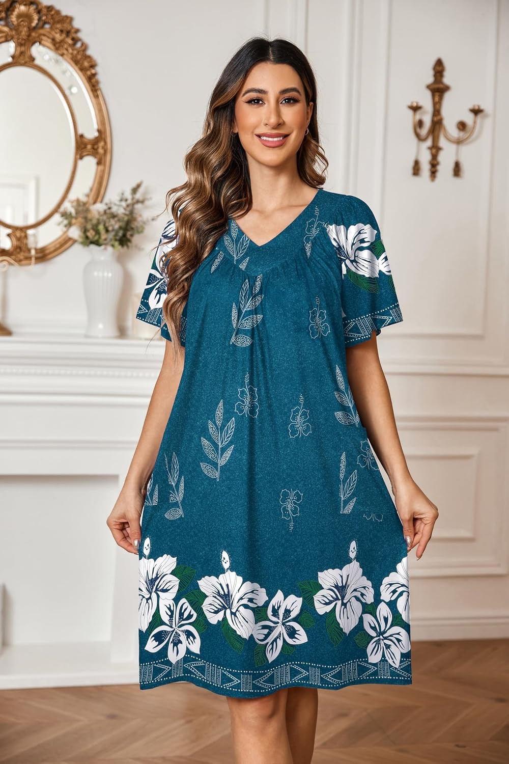 image:imageEkouaer Moo Moos for Women Floral Print House Dress with Pockets NightgownBlue Green