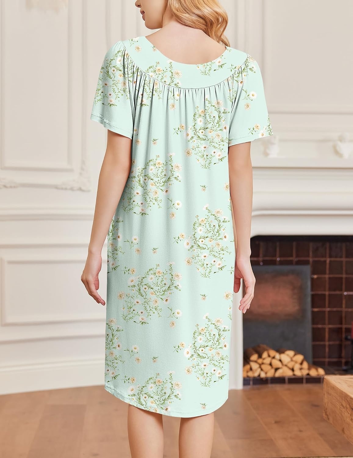 image:imageEkouaer Moo Moos for Women Short Sleeve House Dress with PocketsGreen Floral