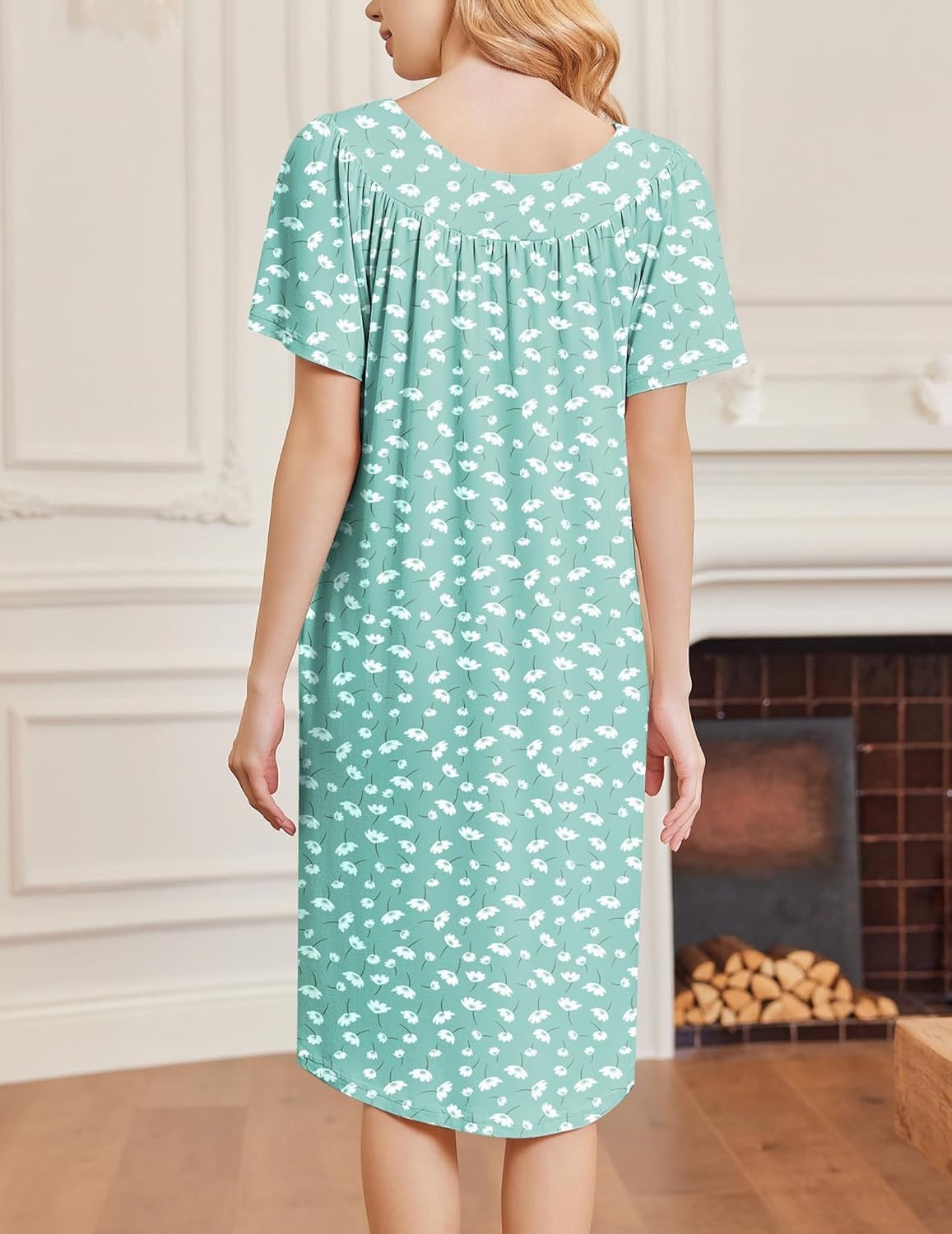 image:imageEkouaer Moo Moos for Women Short Sleeve House Dress with PocketsGreen Flower