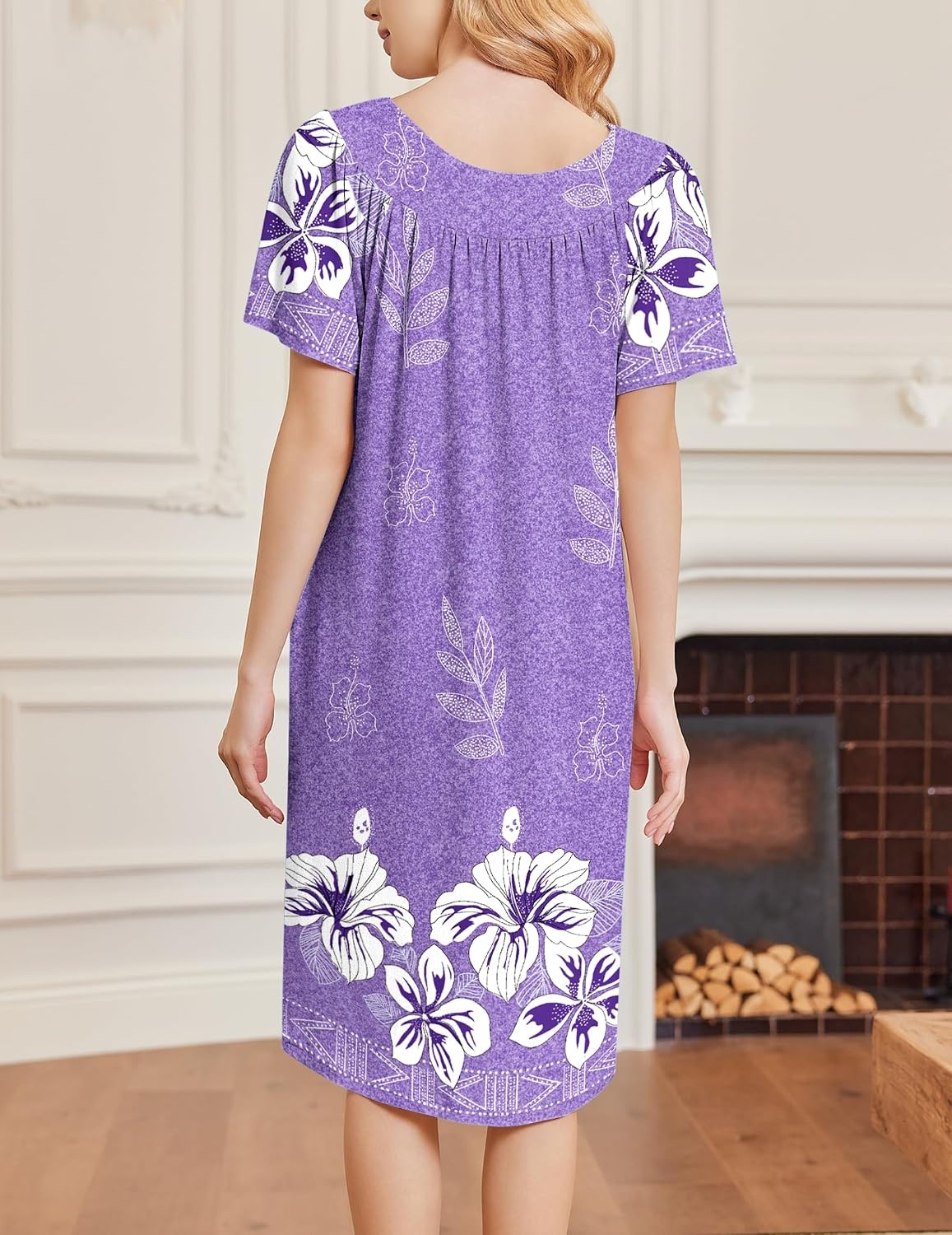 image:imageEkouaer Moo Moos for Women Short Sleeve House Dress with PocketsPurple White Flower