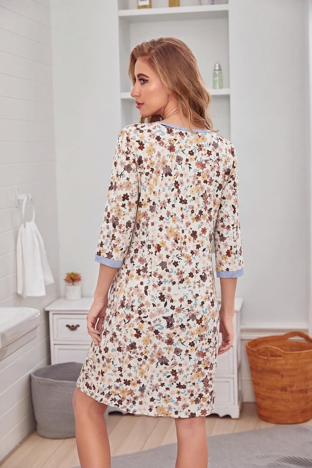image:imageEkouaer Nightgowns for Women 34 Sleeve Nightgown Pleated SleepshirtsApricot Ditsy Floral