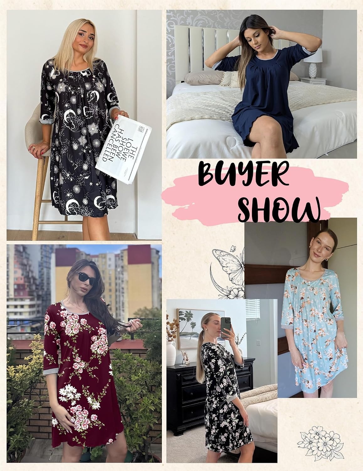 image:imageEkouaer Nightgowns for Women 34 Sleeve Nightgown Pleated SleepshirtsBlue White Floral