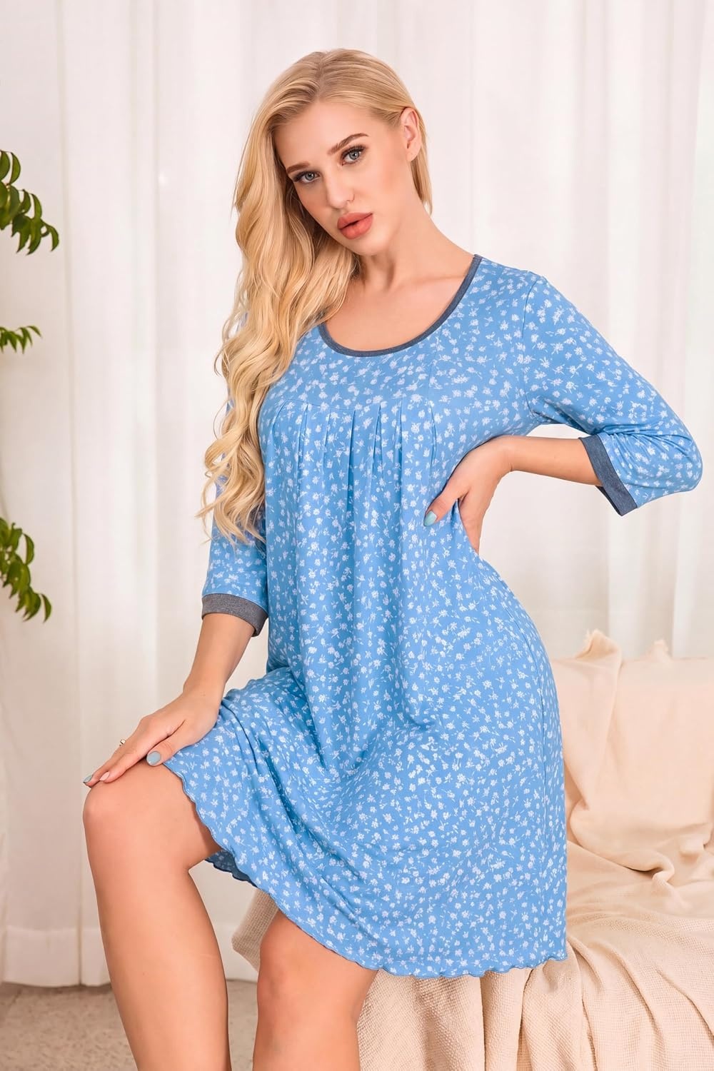 image:imageEkouaer Nightgowns for Women 34 Sleeve Nightgown Pleated SleepshirtsBlue White Floral