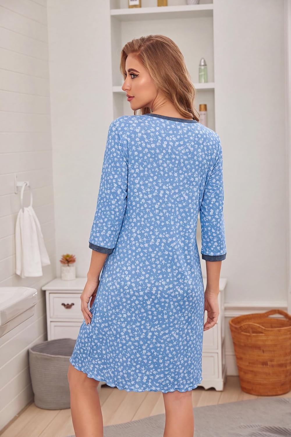 image:imageEkouaer Nightgowns for Women 34 Sleeve Nightgown Pleated SleepshirtsBlue White Floral