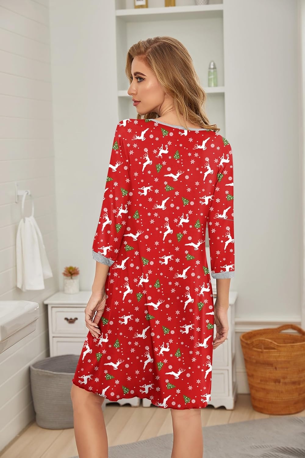image:imageEkouaer Nightgowns for Women 34 Sleeve Nightgown Pleated SleepshirtsChristmas Elk